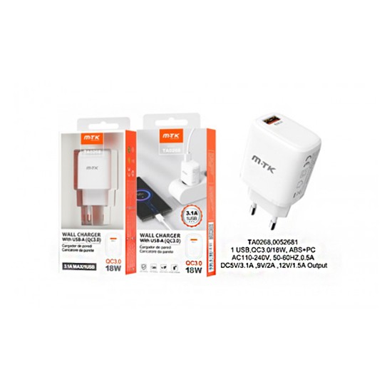 CARREGADOR ADAPTADOR RÁPIDO MTK TA0268 BL 1 PORTAS USB BRANCO